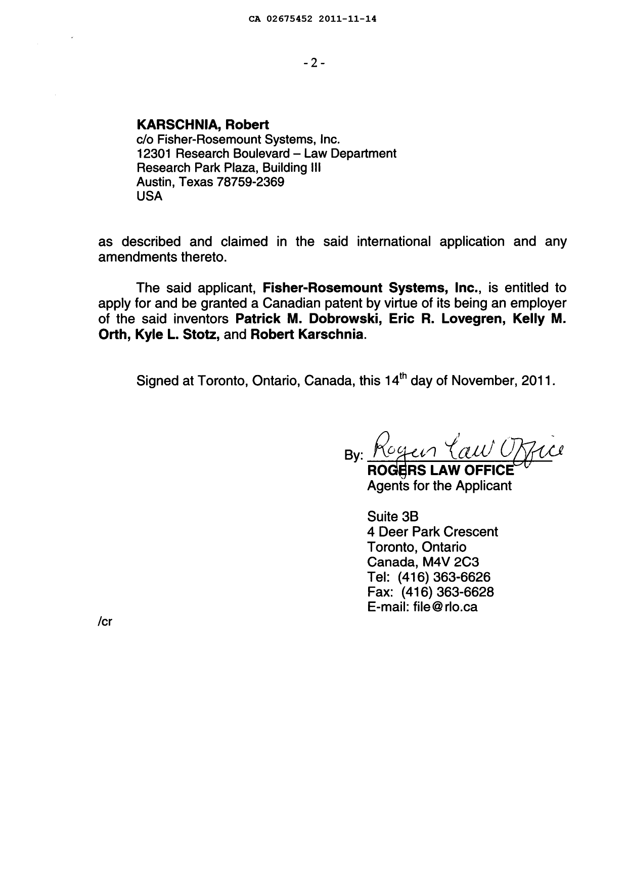 Canadian Patent Document 2675452. Correspondence 20111114. Image 4 of 4