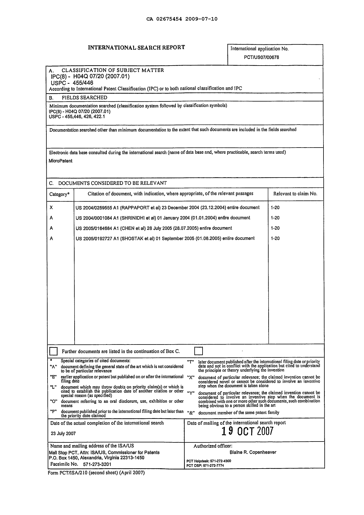 Document de brevet canadien 2675454. PCT 20090710. Image 1 de 1