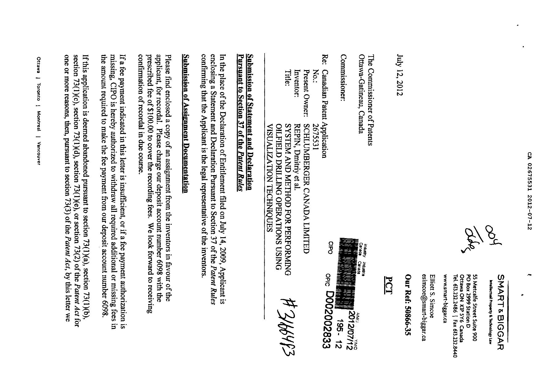 Canadian Patent Document 2675531. Correspondence 20120712. Image 1 of 3