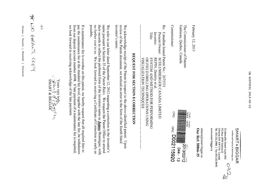 Document de brevet canadien 2675531. Correspondance 20130212. Image 1 de 1