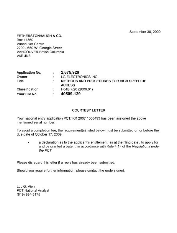 Document de brevet canadien 2675929. Correspondance 20090930. Image 1 de 1