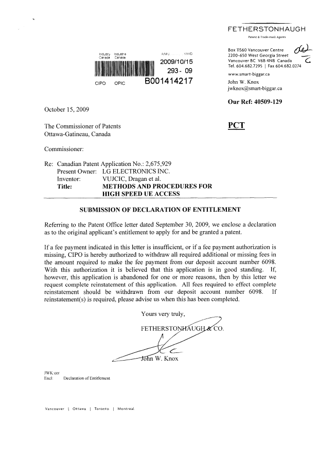 Document de brevet canadien 2675929. Correspondance 20091015. Image 1 de 2