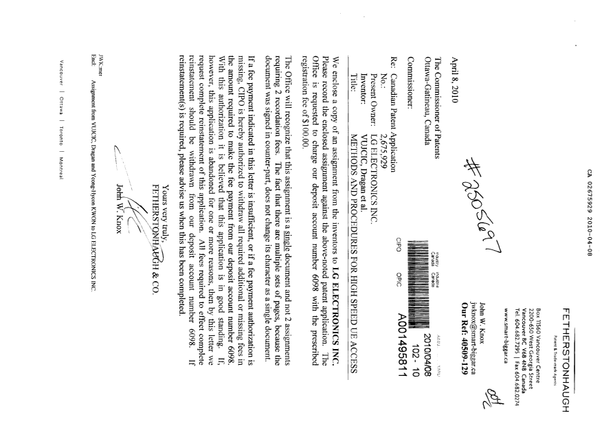 Canadian Patent Document 2675929. Assignment 20100408. Image 1 of 4