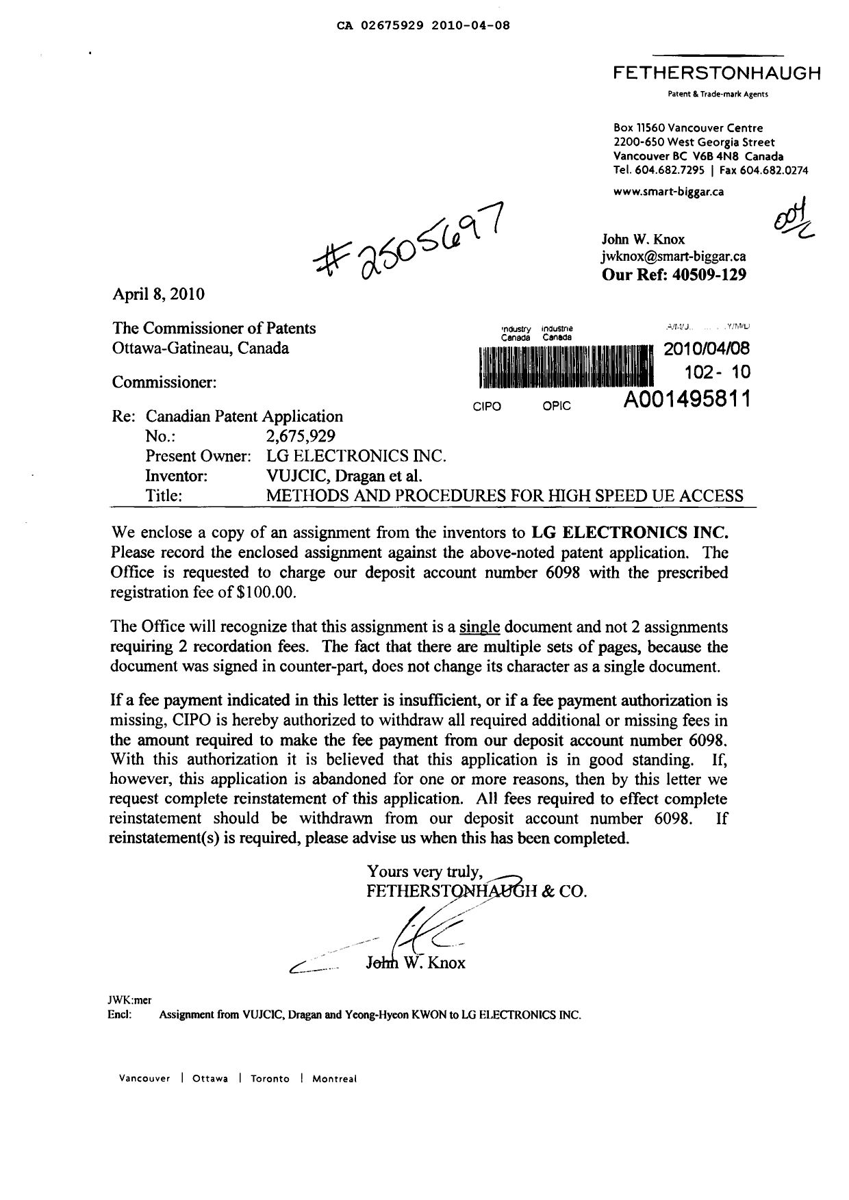 Document de brevet canadien 2675929. Cession 20100408. Image 1 de 4