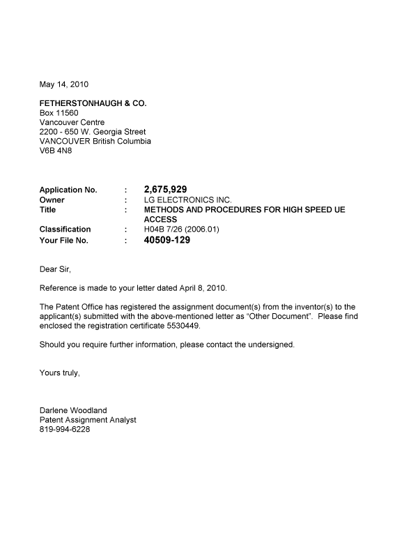 Document de brevet canadien 2675929. Correspondance 20100514. Image 1 de 1