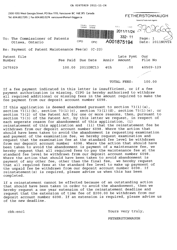 Document de brevet canadien 2675929. Taxes 20111124. Image 1 de 1