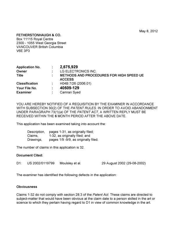 Document de brevet canadien 2675929. Poursuite-Amendment 20120508. Image 1 de 3