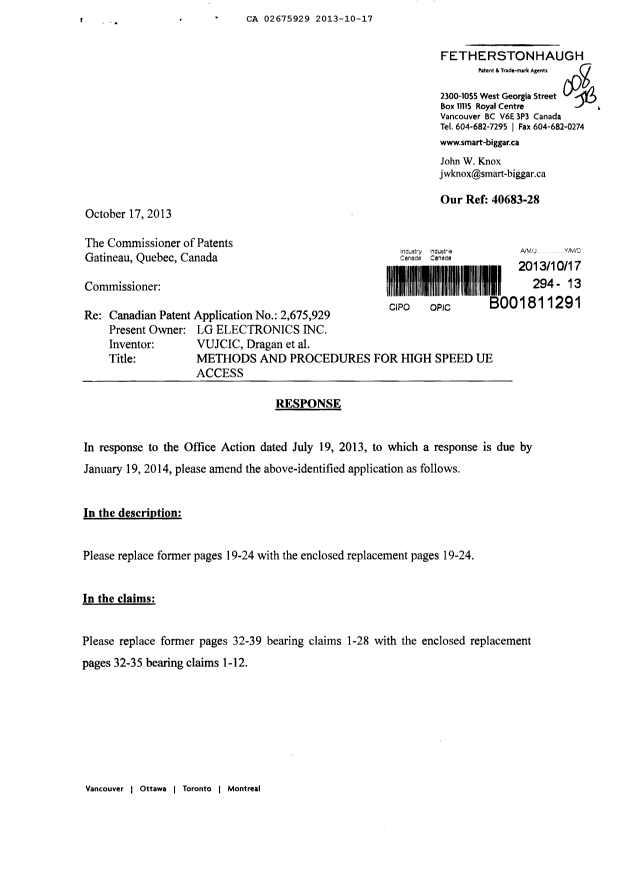 Canadian Patent Document 2675929. Prosecution-Amendment 20131017. Image 1 of 13