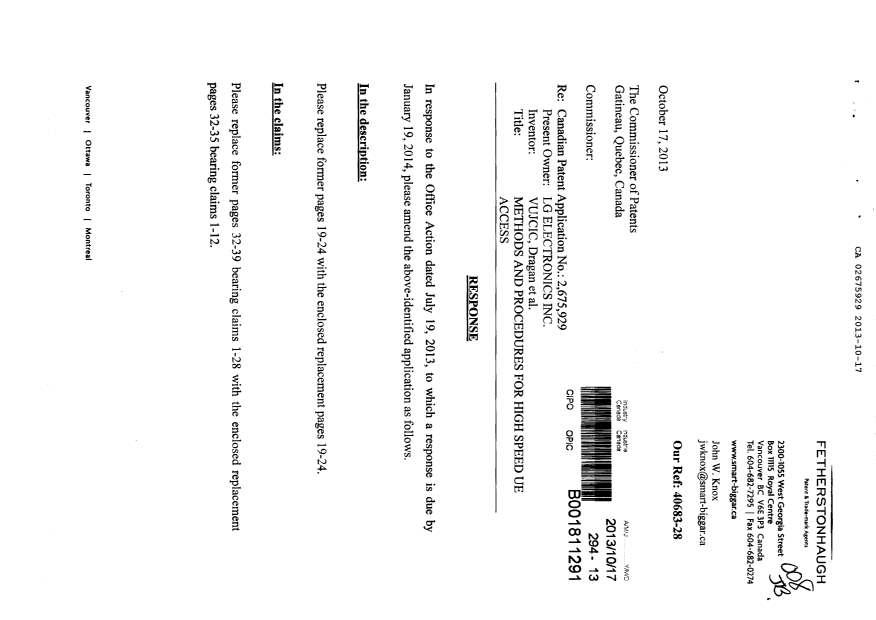 Document de brevet canadien 2675929. Poursuite-Amendment 20131017. Image 1 de 13