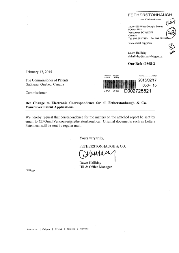 Document de brevet canadien 2675929. Correspondance 20150217. Image 1 de 3