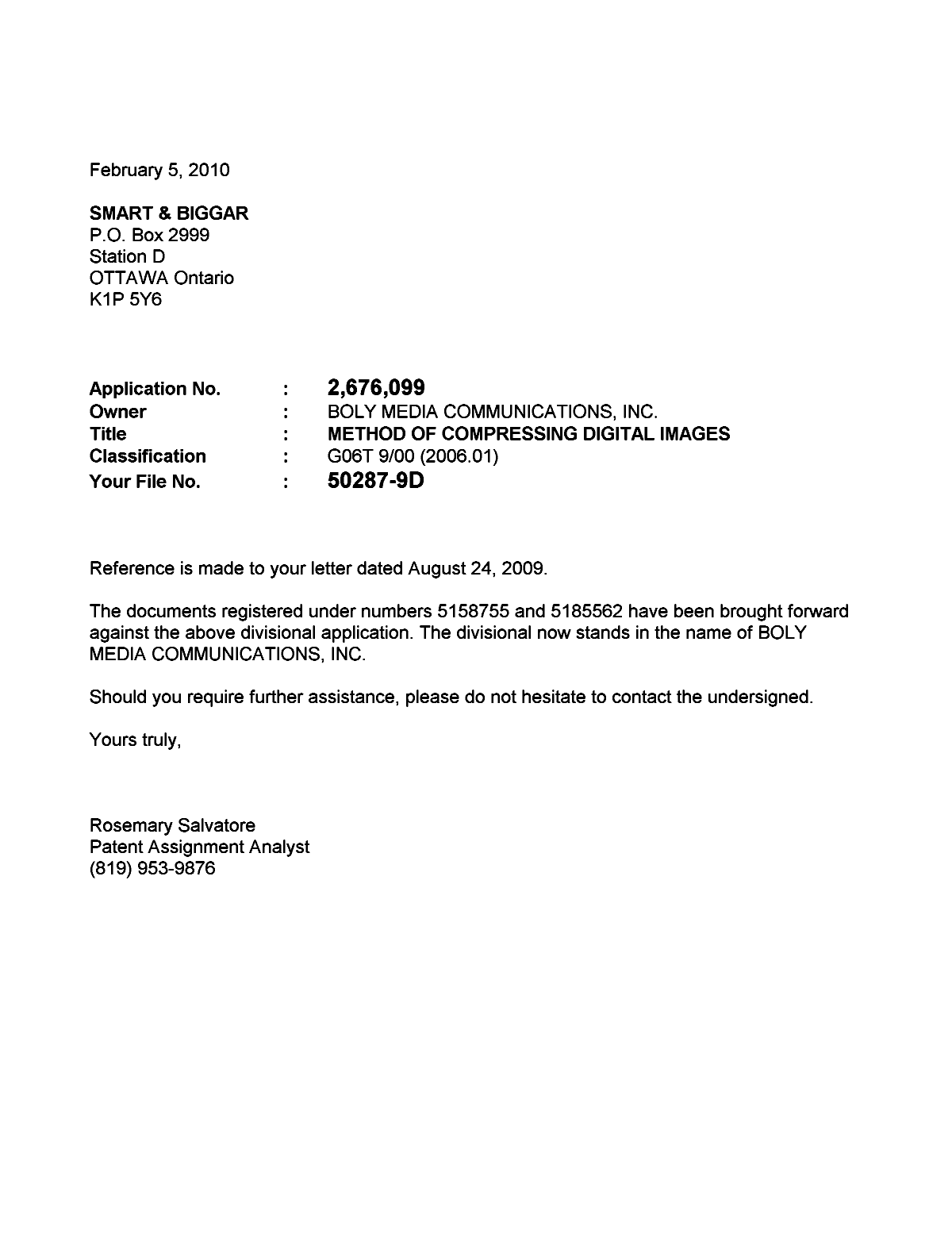 Document de brevet canadien 2676099. Correspondance 20100205. Image 1 de 1