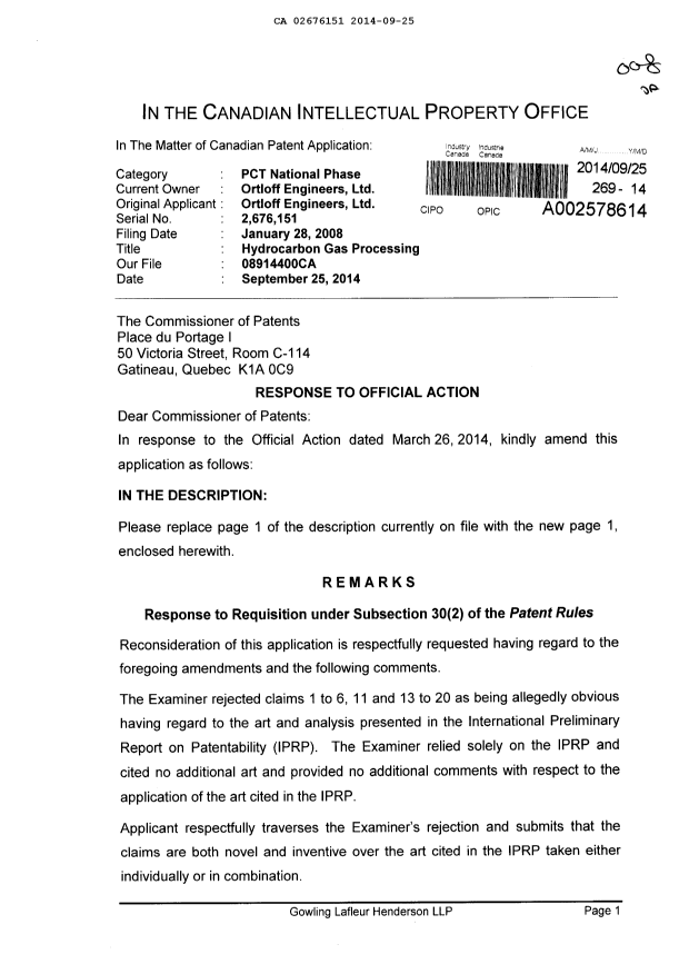 Document de brevet canadien 2676151. Poursuite-Amendment 20140925. Image 1 de 13