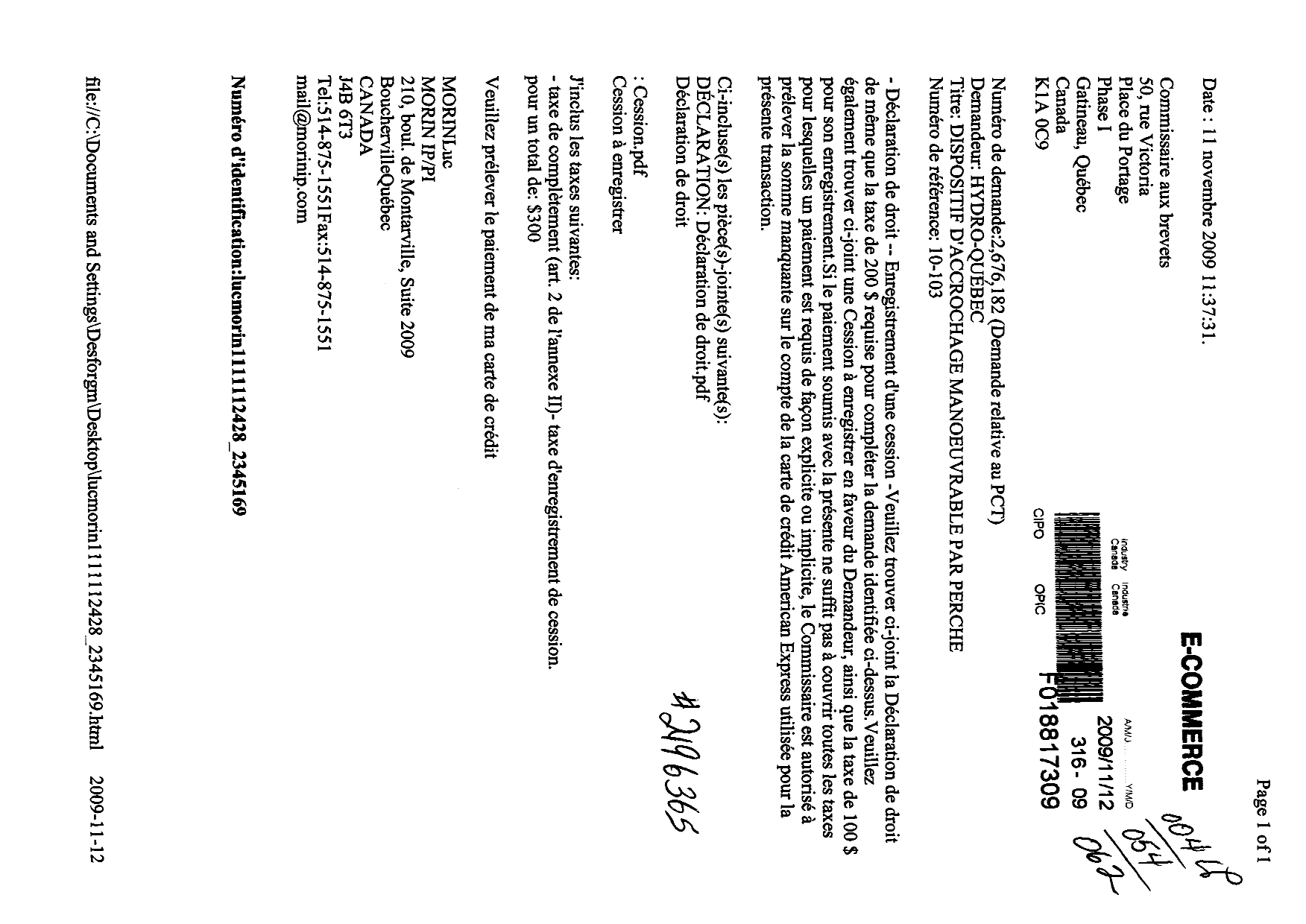 Document de brevet canadien 2676182. Correspondance 20091112. Image 1 de 2