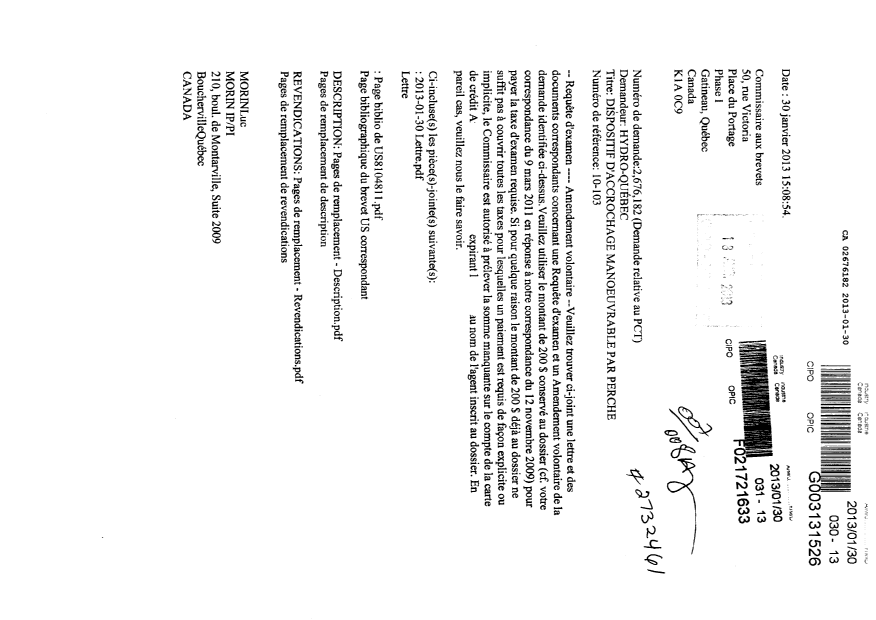 Canadian Patent Document 2676182. Prosecution-Amendment 20130130. Image 1 of 12