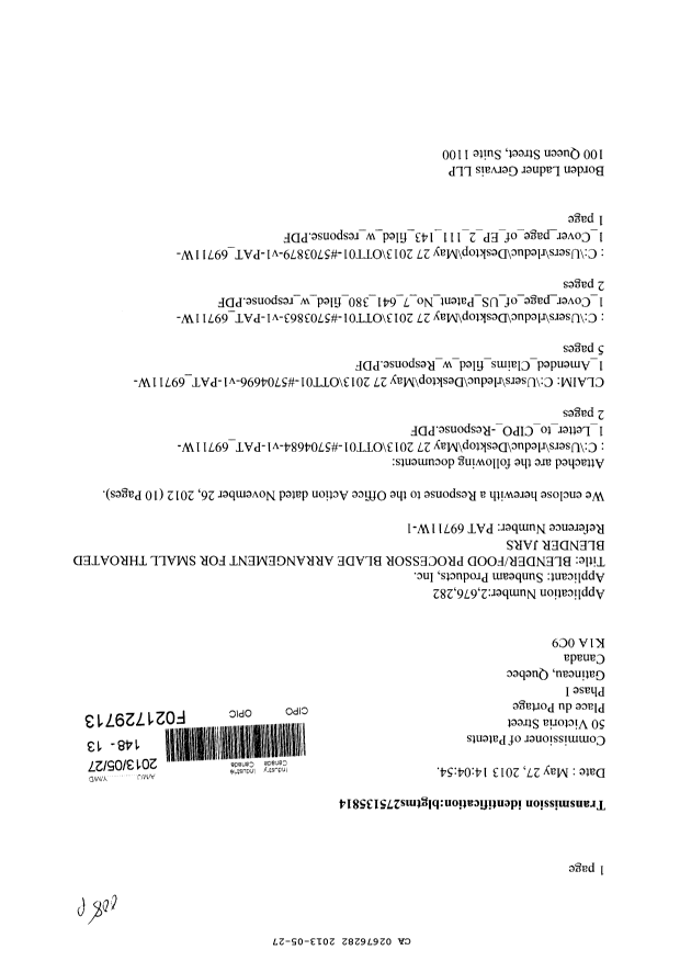 Canadian Patent Document 2676282. Prosecution-Amendment 20130527. Image 1 of 9