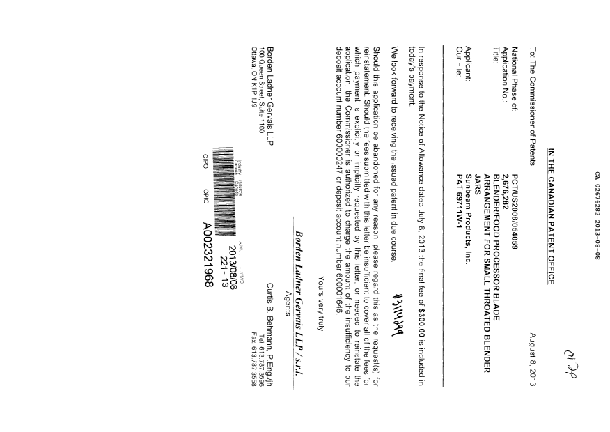 Document de brevet canadien 2676282. Correspondance 20130808. Image 1 de 1