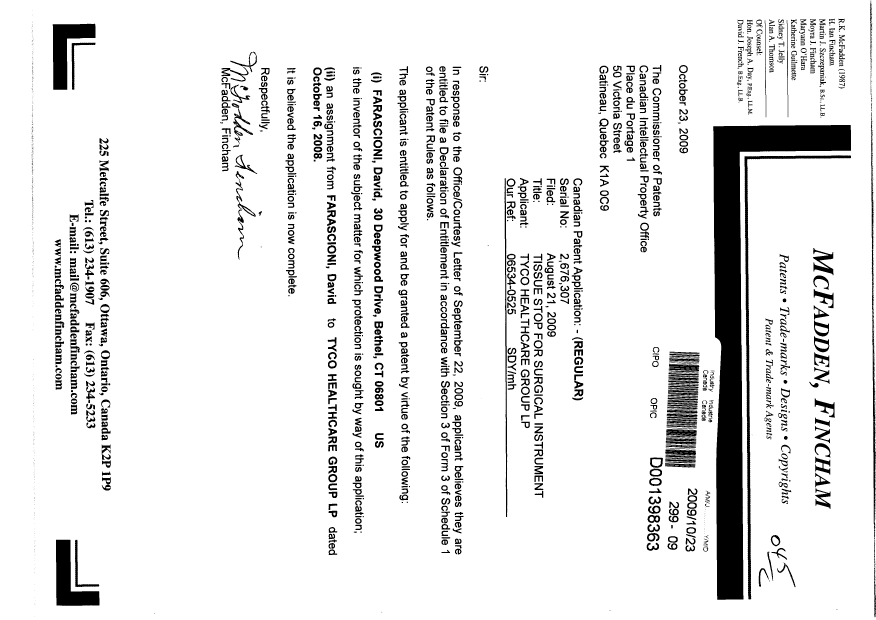 Document de brevet canadien 2676307. Correspondance 20091023. Image 1 de 1