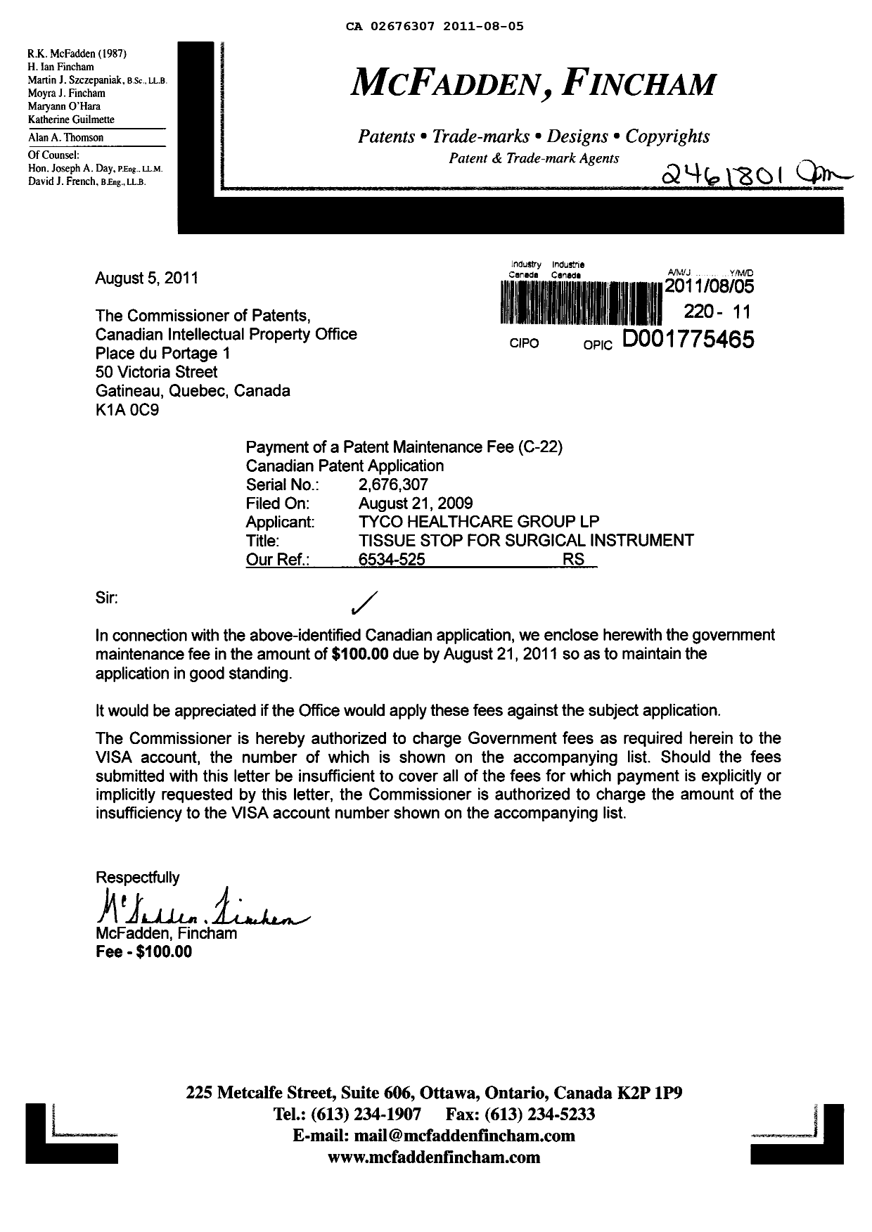 Document de brevet canadien 2676307. Taxes 20110805. Image 1 de 1