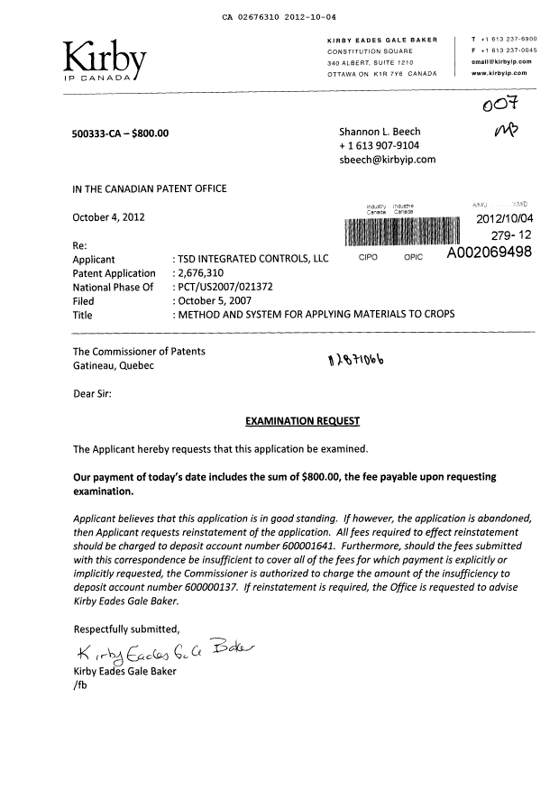 Canadian Patent Document 2676310. Prosecution-Amendment 20121004. Image 1 of 1