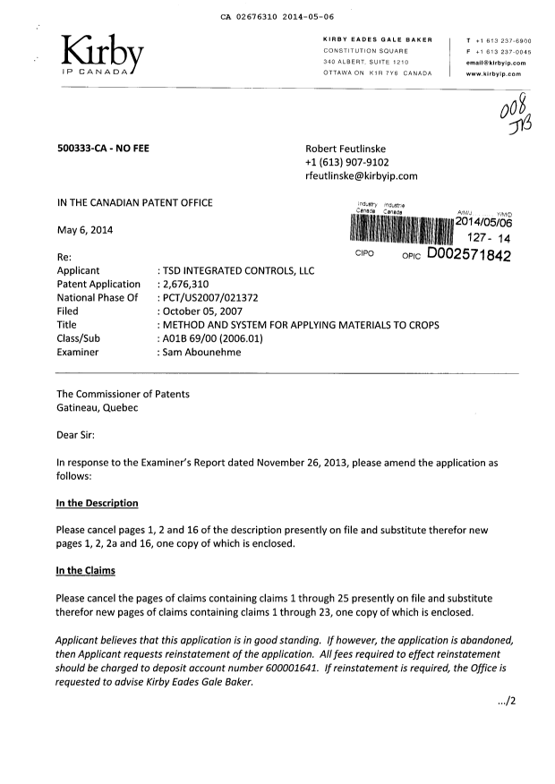 Canadian Patent Document 2676310. Prosecution-Amendment 20140506. Image 1 of 12
