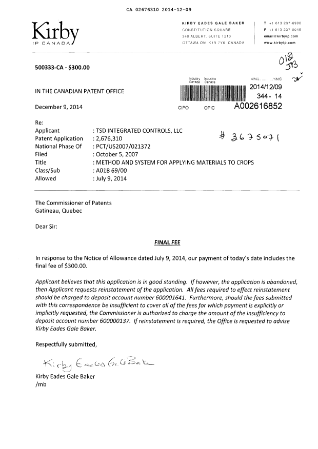 Canadian Patent Document 2676310. Correspondence 20141209. Image 1 of 1