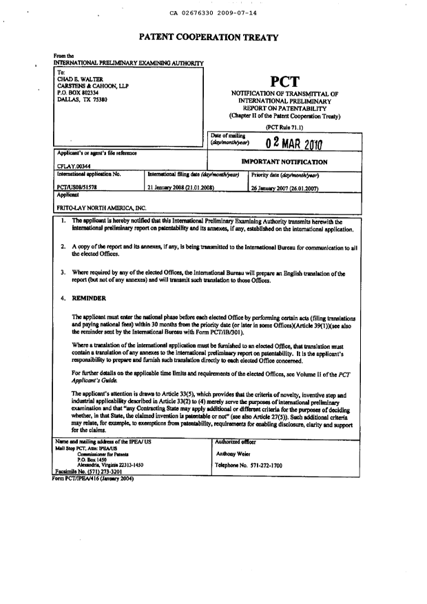 Document de brevet canadien 2676330. PCT 20090714. Image 2 de 16