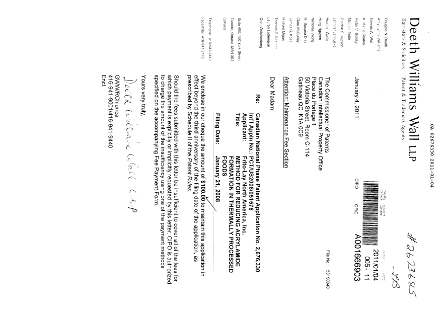 Document de brevet canadien 2676330. Taxes 20110104. Image 1 de 1