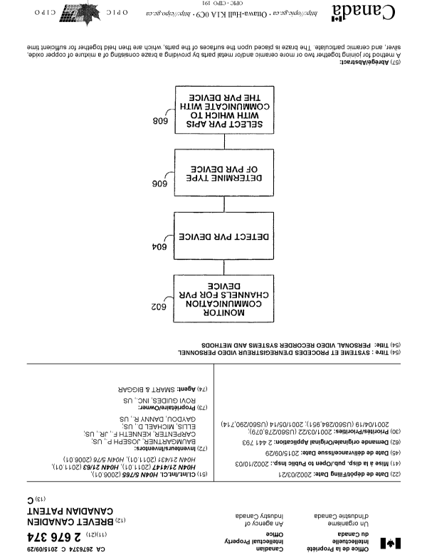 Canadian Patent Document 2676374. Cover Page 20150827. Image 1 of 2