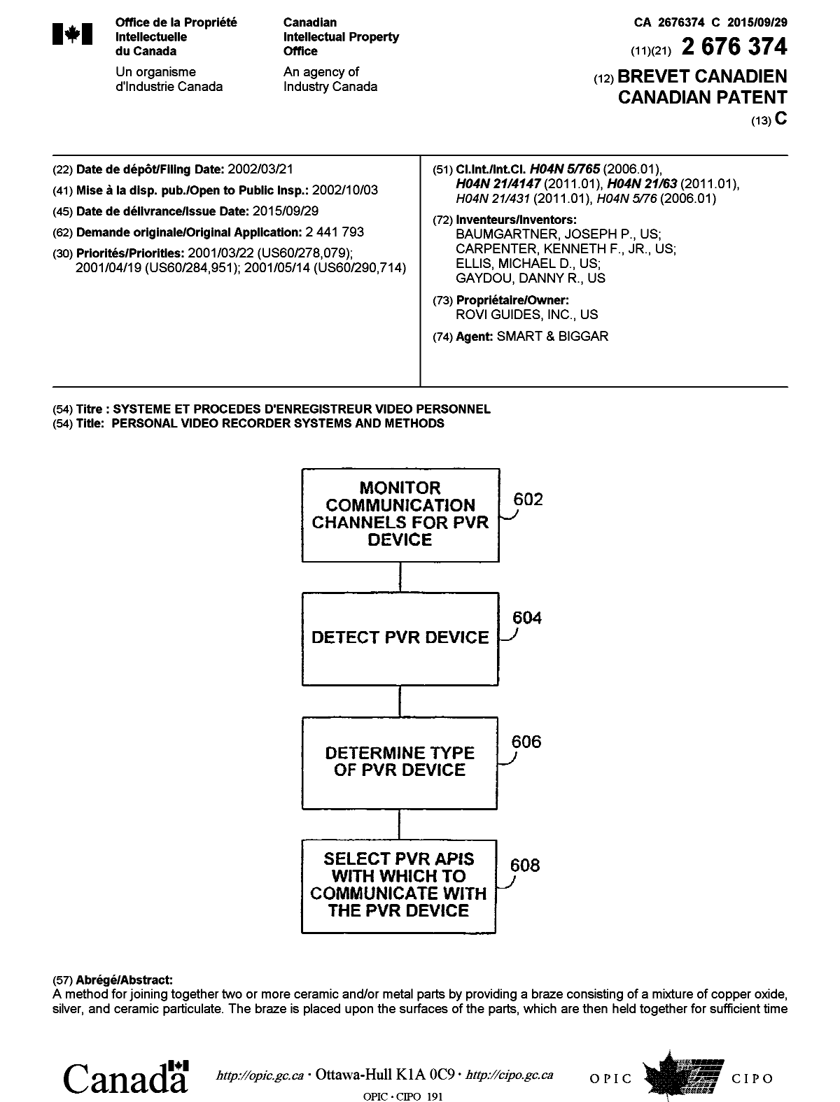 Document de brevet canadien 2676374. Page couverture 20150827. Image 1 de 2
