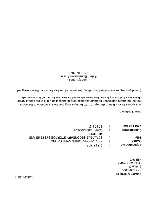 Canadian Patent Document 2676593. Prosecution-Amendment 20140424. Image 1 of 1