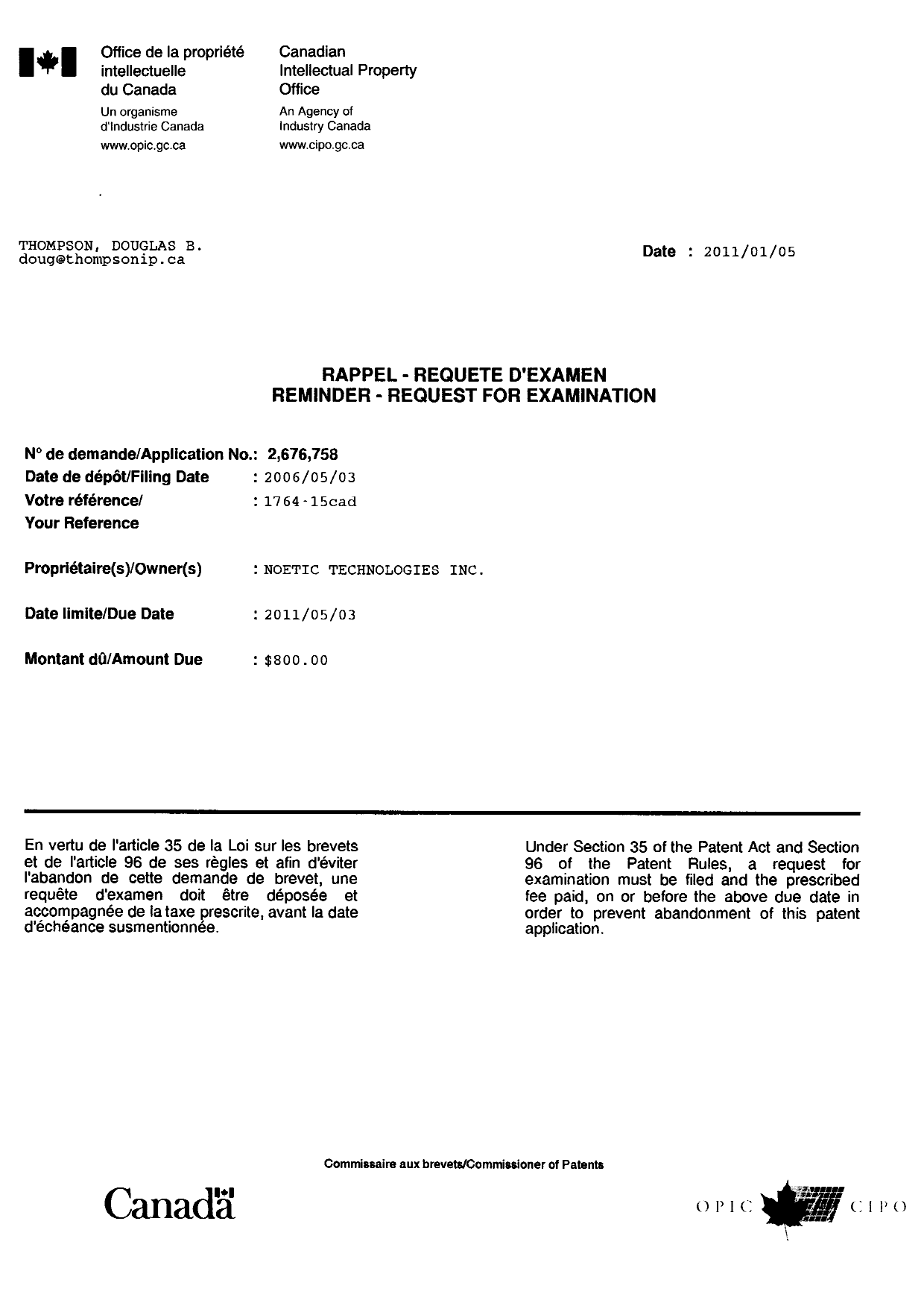 Document de brevet canadien 2676758. Correspondance 20101205. Image 1 de 1