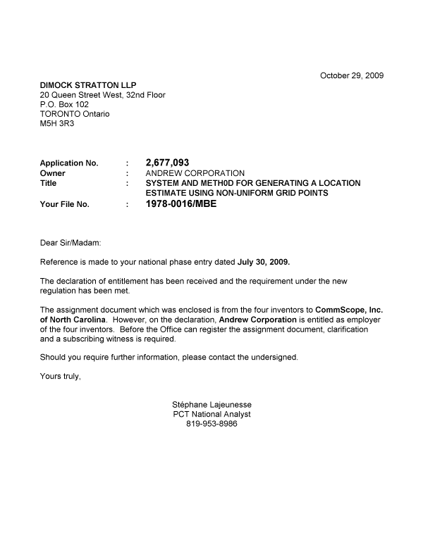 Document de brevet canadien 2677093. Correspondance 20091029. Image 1 de 1