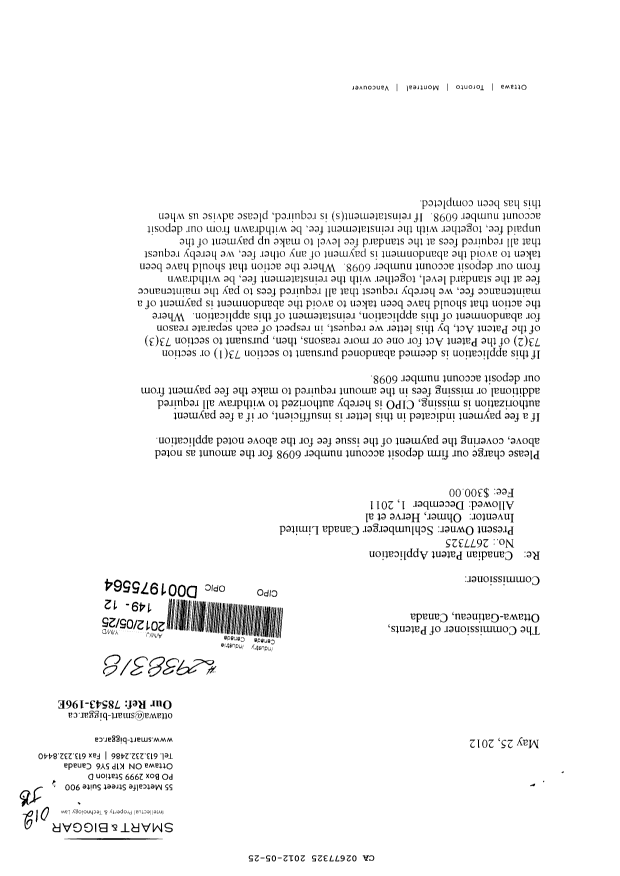 Document de brevet canadien 2677325. Correspondance 20120525. Image 1 de 2