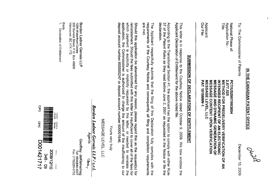 Canadian Patent Document 2677525. Correspondence 20081210. Image 1 of 2