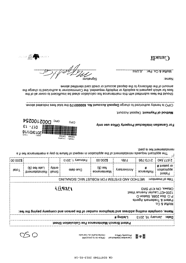 Document de brevet canadien 2677540. Taxes 20130116. Image 1 de 1