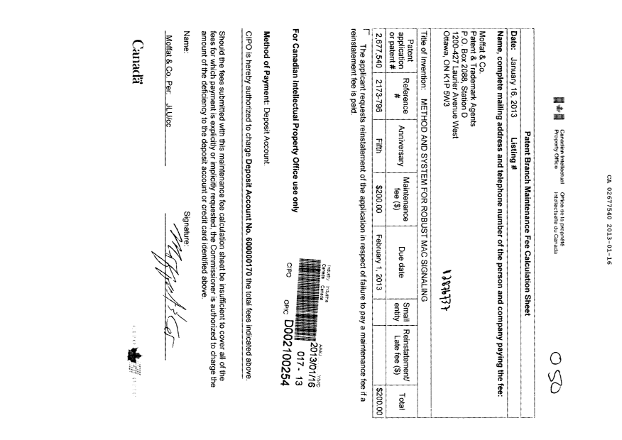 Canadian Patent Document 2677540. Fees 20130116. Image 1 of 1