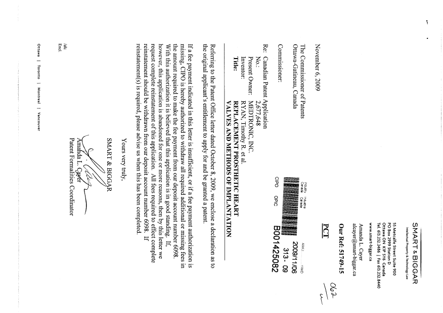Document de brevet canadien 2677648. Correspondance 20091106. Image 1 de 3