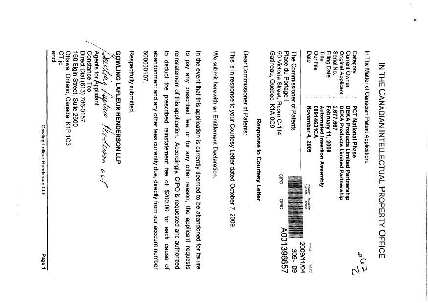 Document de brevet canadien 2677667. Correspondance 20091104. Image 1 de 2