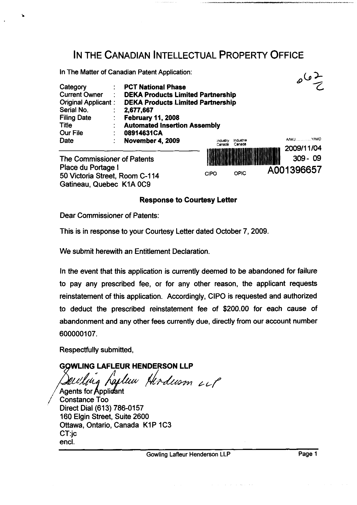 Canadian Patent Document 2677667. Correspondence 20091104. Image 1 of 2