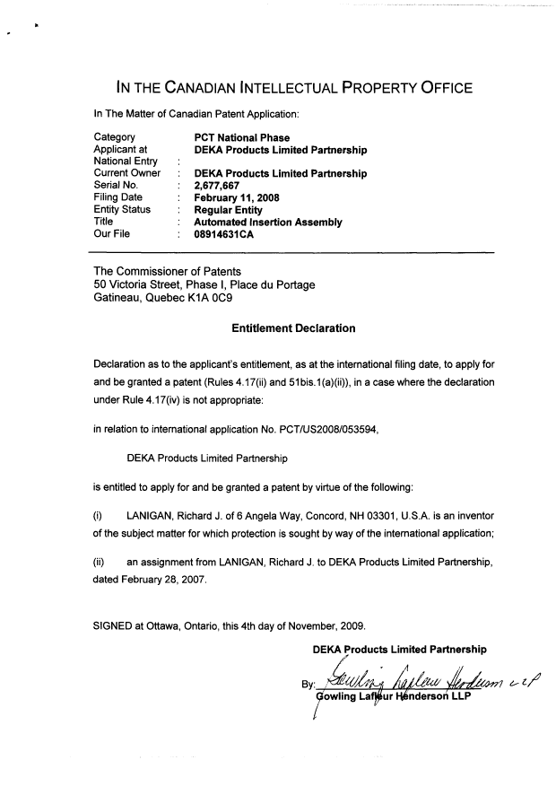 Document de brevet canadien 2677667. Correspondance 20091104. Image 2 de 2