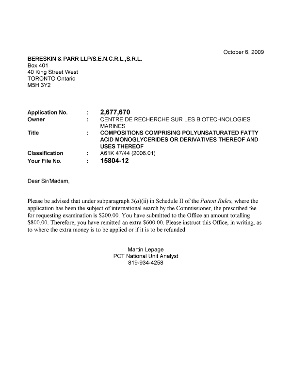 Document de brevet canadien 2677670. Correspondance 20091006. Image 1 de 1