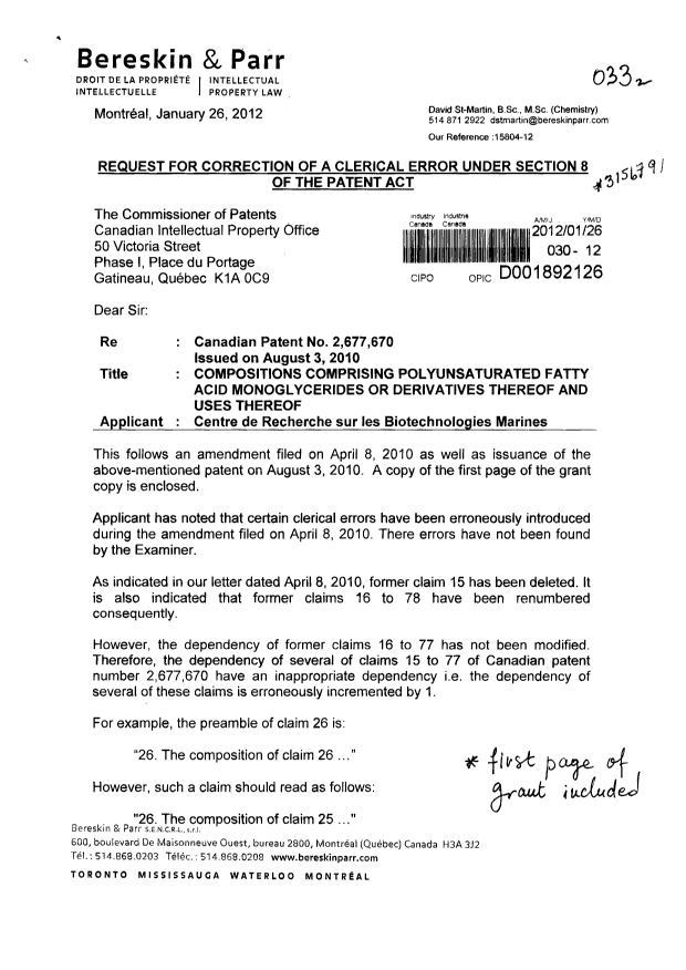 Document de brevet canadien 2677670. Correspondance 20120126. Image 1 de 40