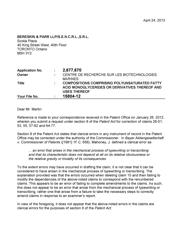 Document de brevet canadien 2677670. Correspondance 20130424. Image 1 de 2