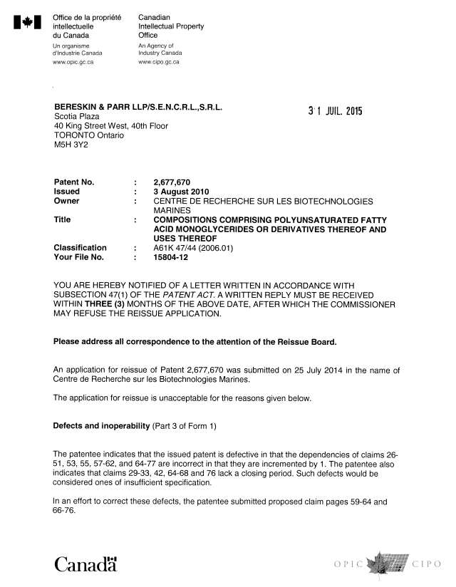 Document de brevet canadien 2677670. Lettre du bureau 20150731. Image 1 de 3