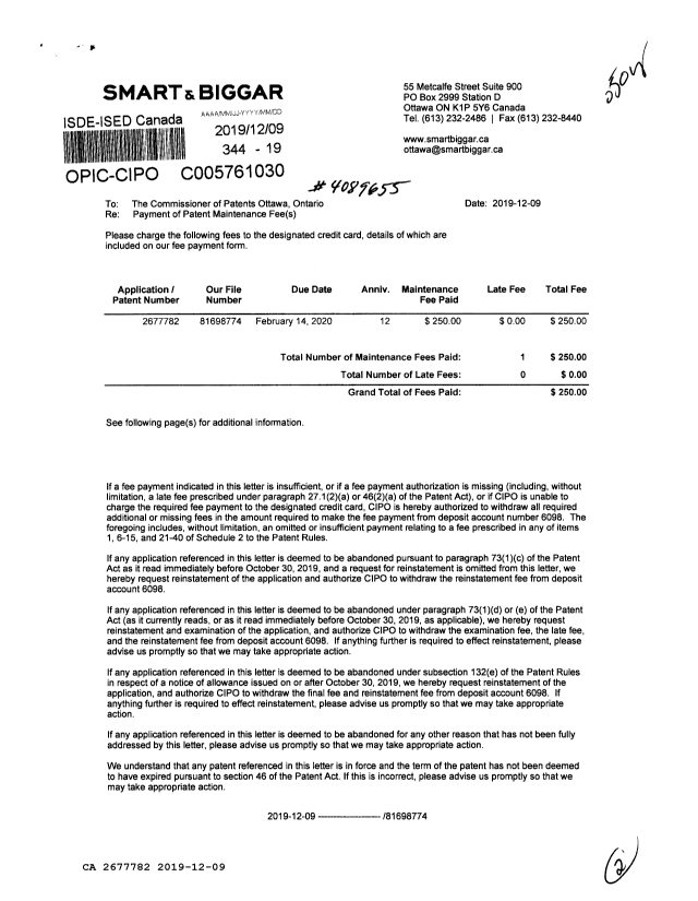 Document de brevet canadien 2677782. Paiement de taxe périodique 20191209. Image 1 de 2