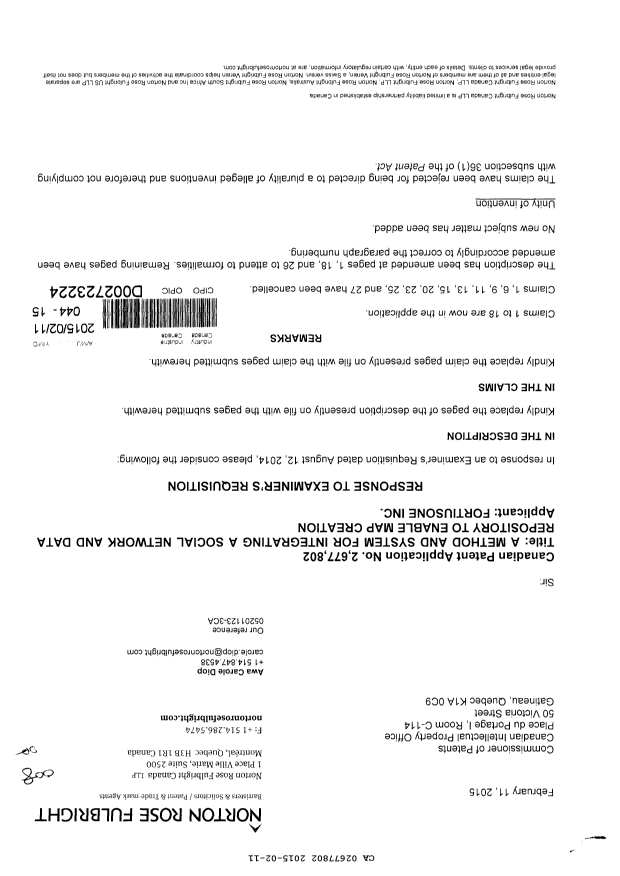 Canadian Patent Document 2677802. Prosecution-Amendment 20150211. Image 1 of 31