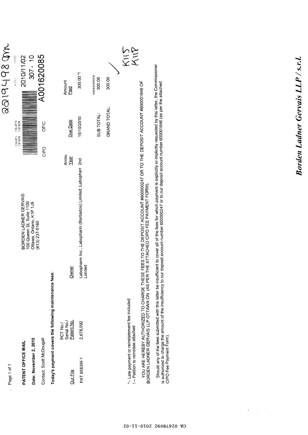 Canadian Patent Document 2678092. Fees 20101102. Image 1 of 2