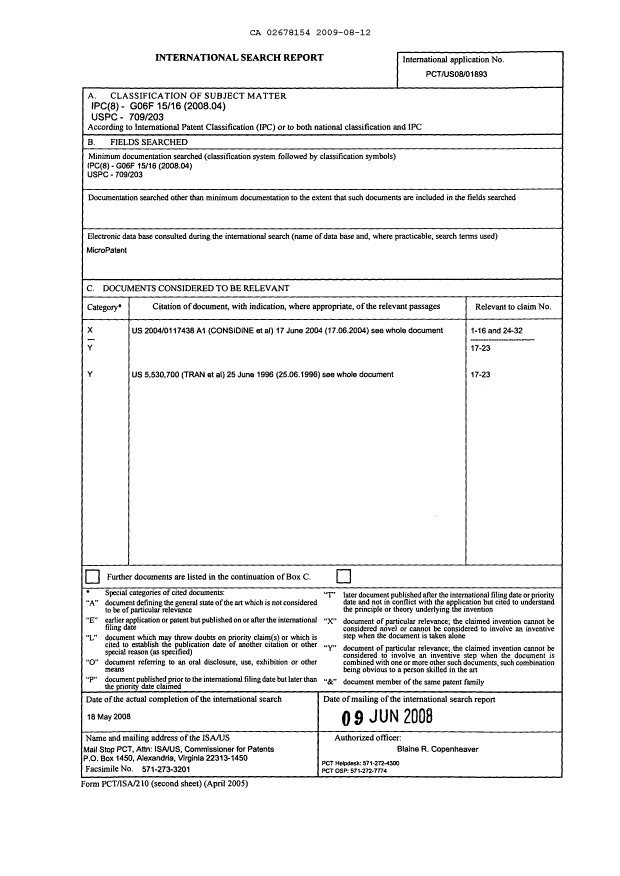 Canadian Patent Document 2678154. PCT 20090812. Image 1 of 1