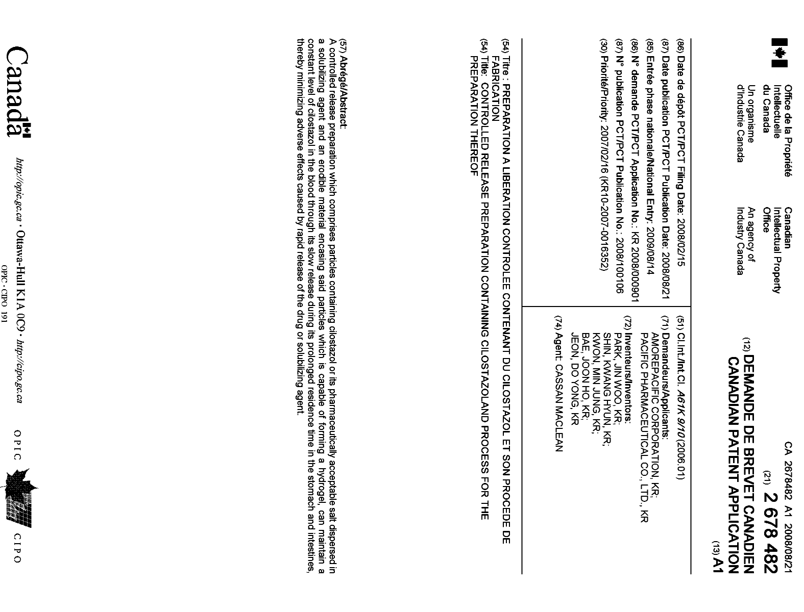 Canadian Patent Document 2678482. Cover Page 20091109. Image 1 of 1