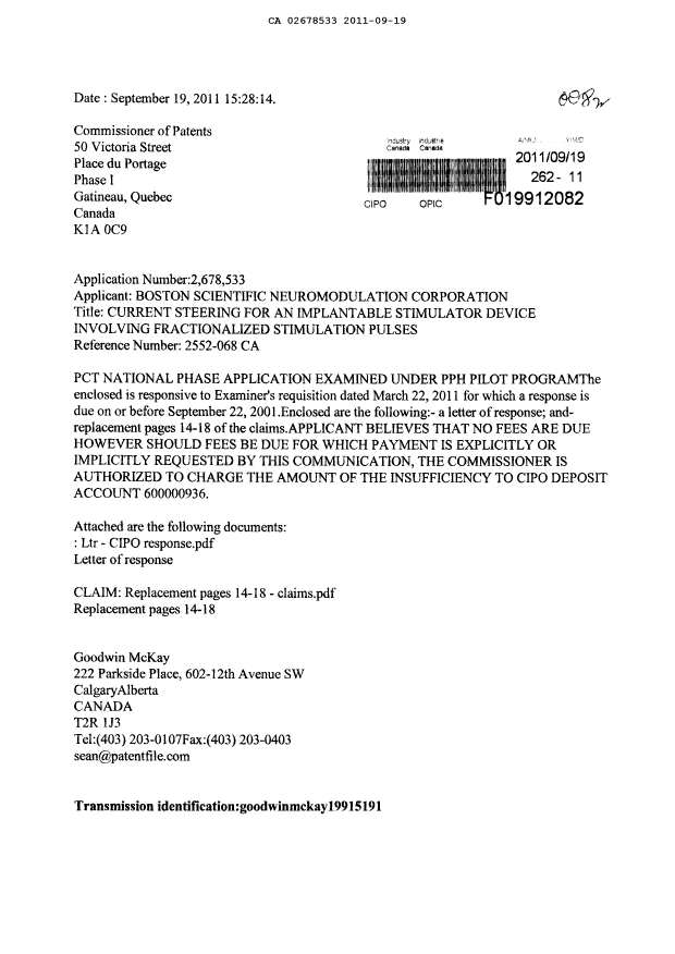 Canadian Patent Document 2678533. Prosecution-Amendment 20110919. Image 1 of 9
